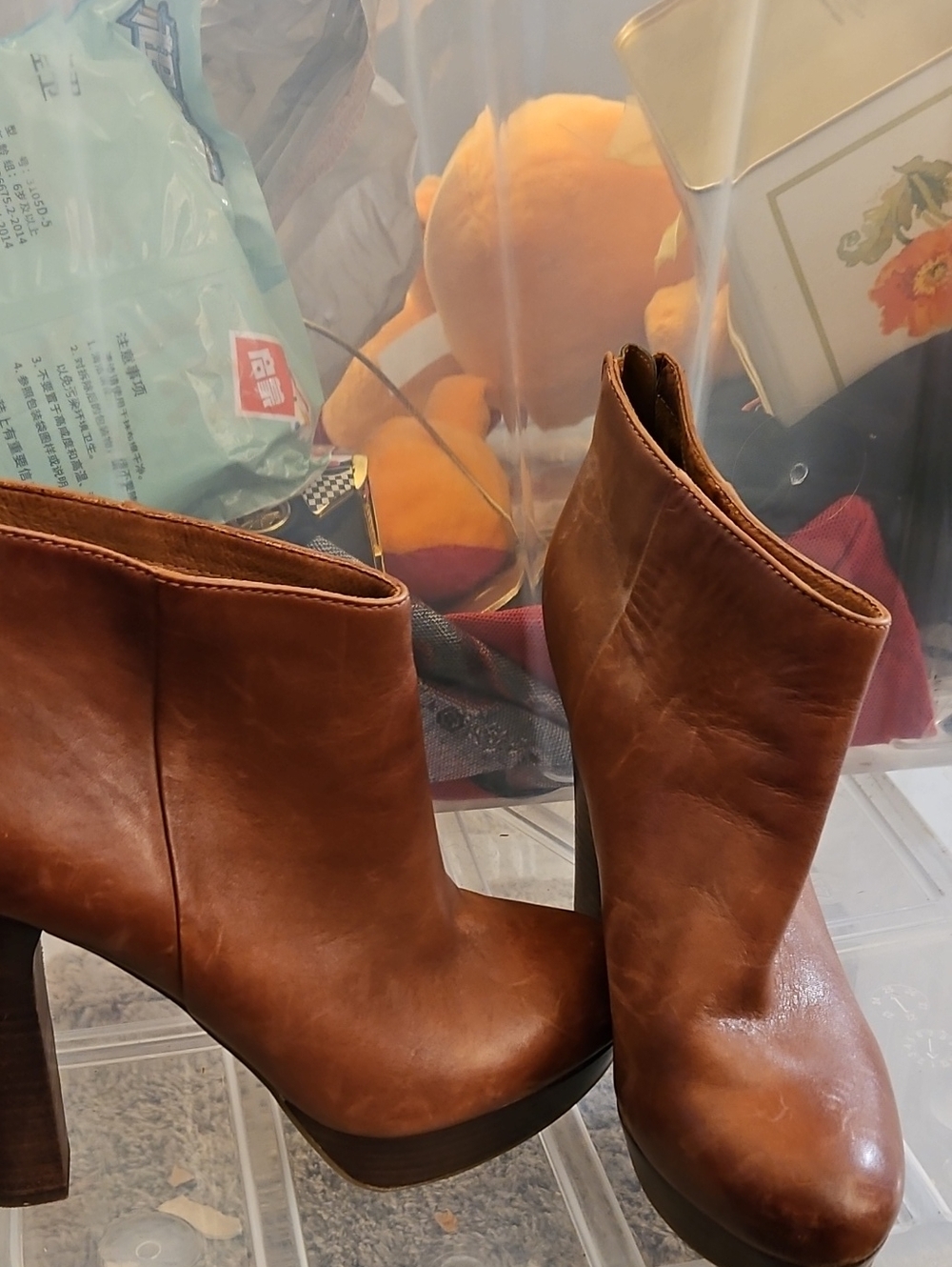 Aldo Chestnut Brown Leather Ankle Booties with Block Heel 38.5 5 Inch Heel